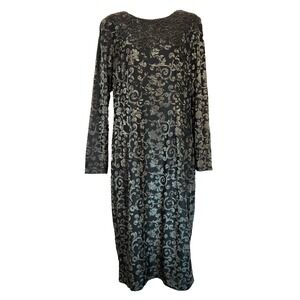 Maggy London Velvet Burnout Women's Size 10 Floral Midi Dress Gray Long Sleeve